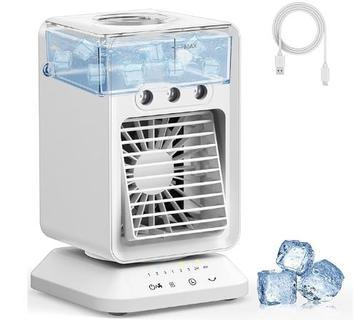Mini Cooler for Room Auto Rotate, 3 Spray Modes, Cold Air, Mini Fan Top Ice Chamber, USB Compatible Air Cooler for Room Cooling, Low Power Consumption